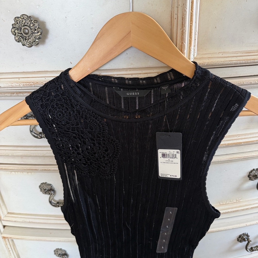 GUESS Black Ribbed Sleeveless Knit Tank with Shoulder Crochet